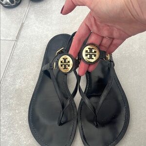 Tory Burch Black Sandals with Gold Logo